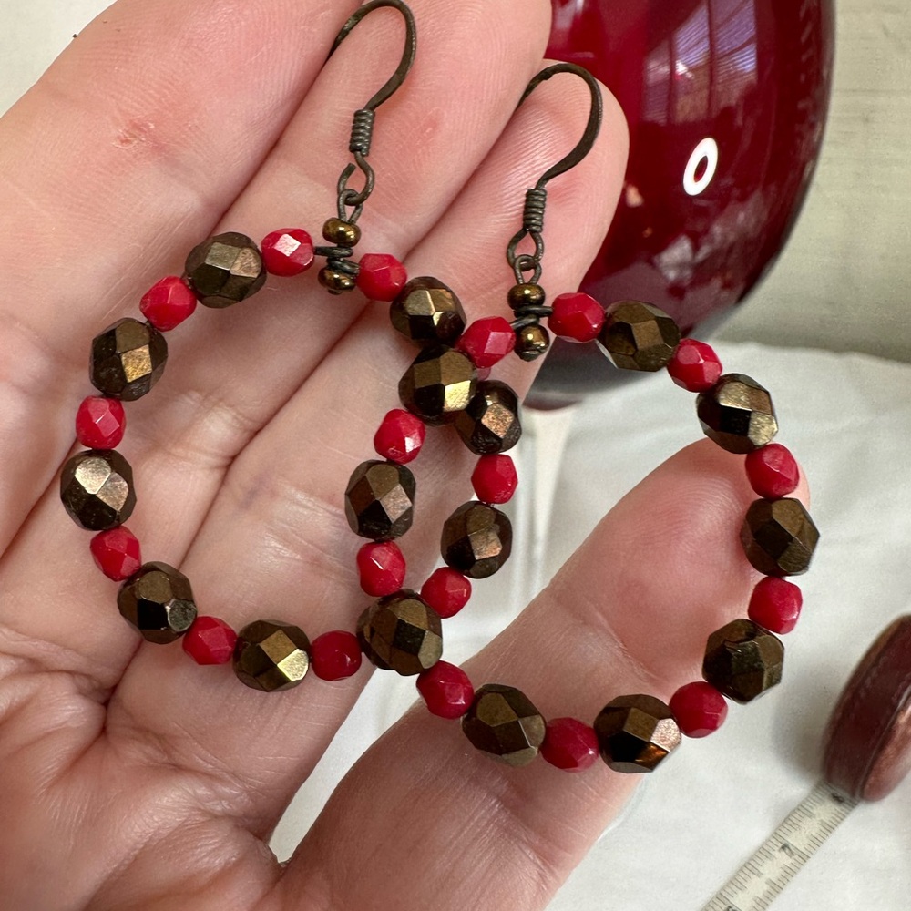 Bronze and red bead round circle hoop earrings